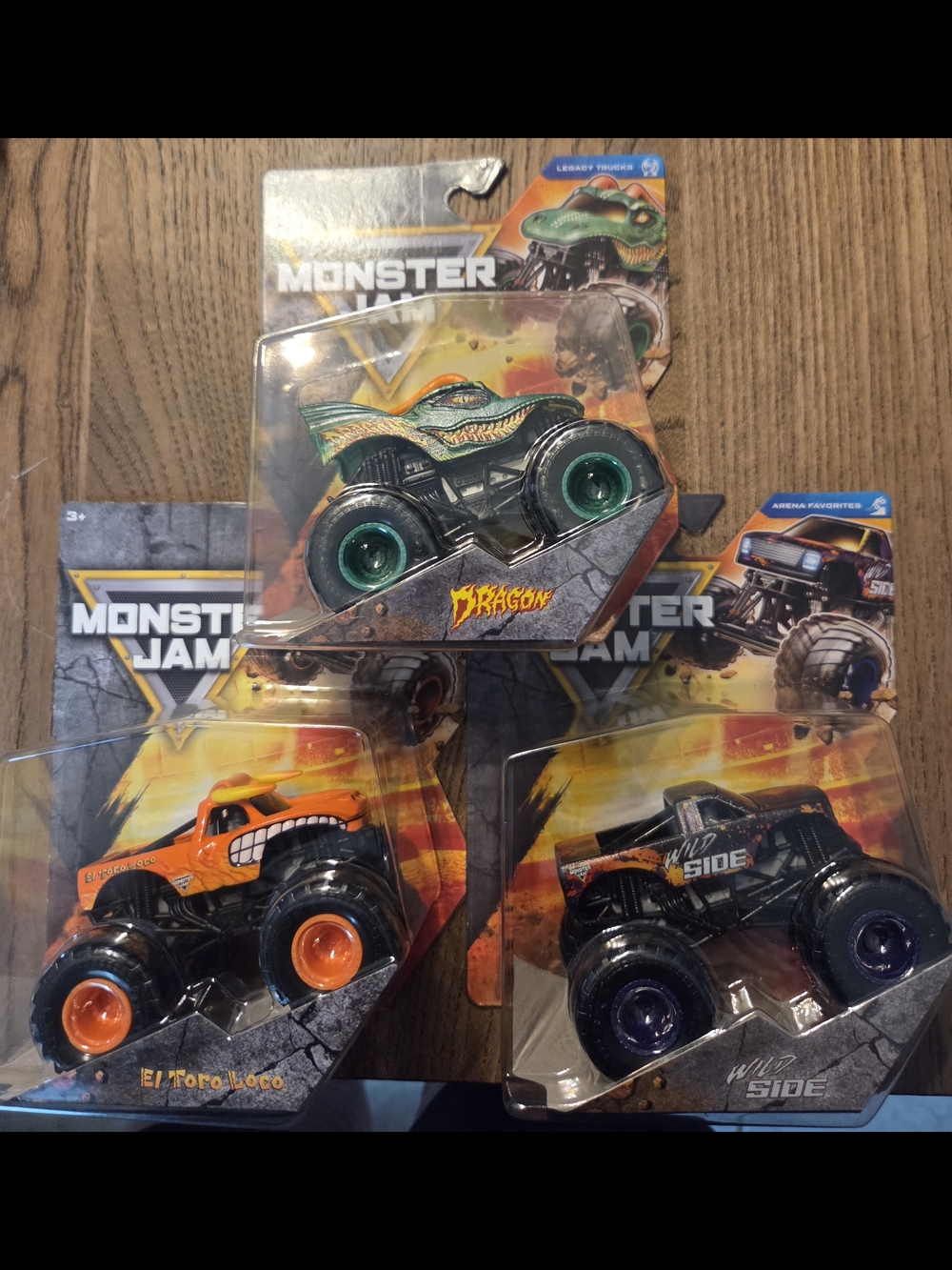 Monster Jam Collectibles-Green Dragon,Orange El Toro Loco, Black Wild Side-3Pack